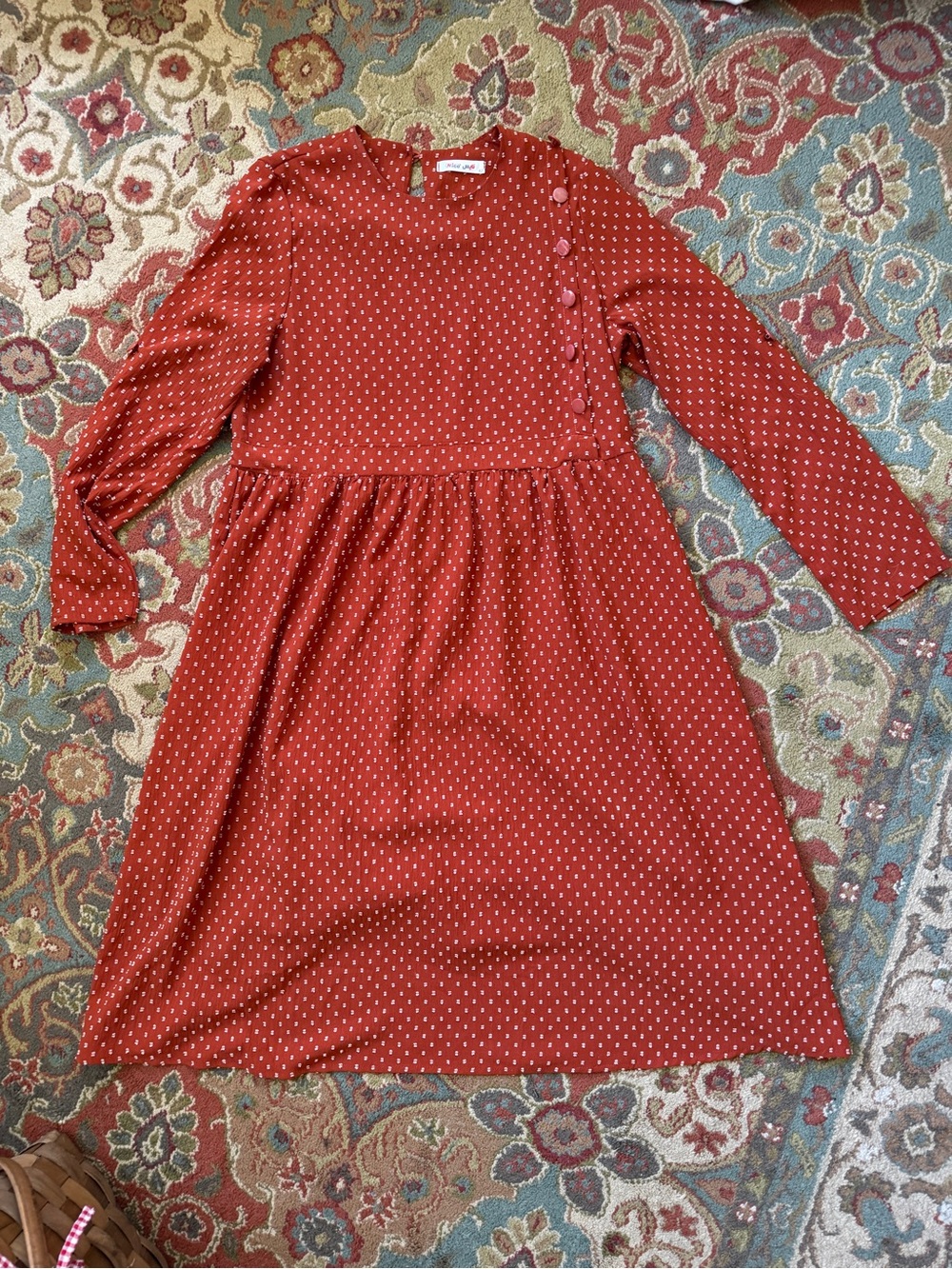 Burnt Orange Polka Dot pattern Long Sleeve Midi Dress